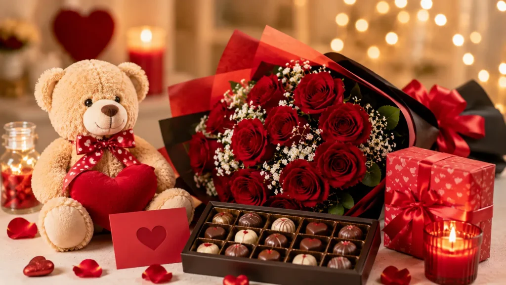 Beautiful romantic gift arrangement featuring fresh flowers, chocolates, teddy bear, gift box, candles, and heart-themed decorations, showcasing affordable surprise gift ideas available for online delivery across Pakistan.