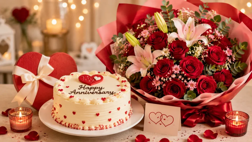Elegant anniversary gift arrangement featuring a beautifully decorated cake, bouquet of red roses and pink lilies, heart-shaped gift box, candles, and romantic décor, ideal for anniversary flower and cake delivery services in Pakistan.