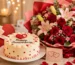 Elegant anniversary gift arrangement featuring a beautifully decorated cake, bouquet of red roses and pink lilies, heart-shaped gift box, candles, and romantic décor, ideal for anniversary flower and cake delivery services in Pakistan.