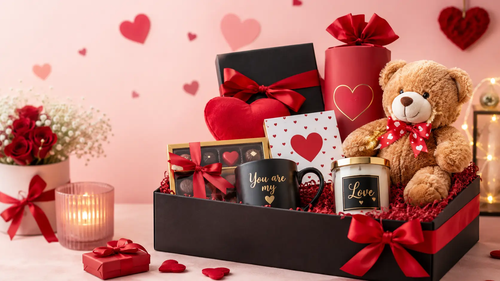 Romantic Valentine gift hamper featuring a teddy bear, chocolates, scented candle, greeting card, roses, and premium gift boxes arranged in an elegant presentation for online gifting in Pakistan.