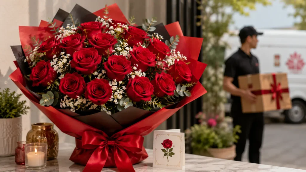 Luxurious bouquet of fresh red roses wrapped in premium paper with a satin ribbon, displayed in an elegant setting with a gift card and delivery backdrop, representing nationwide red rose bouquet delivery services across Pakistan.