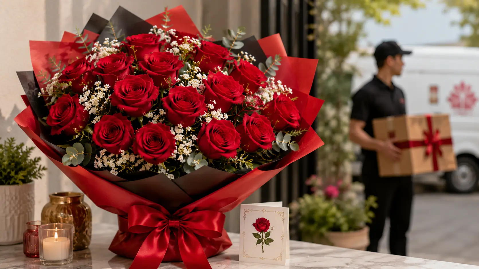 Luxurious bouquet of fresh red roses wrapped in premium paper with a satin ribbon, displayed in an elegant setting with a gift card and delivery backdrop, representing nationwide red rose bouquet delivery services across Pakistan.