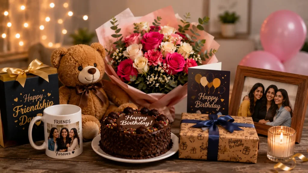 Thoughtful Friendship Day and birthday gift arrangement featuring a flower bouquet, teddy bear, birthday cake, personalized photo mug, greeting cards, gift boxes, and festive decorations, perfect for online gift delivery in Pakistan.