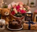 Thoughtful Friendship Day and birthday gift arrangement featuring a flower bouquet, teddy bear, birthday cake, personalized photo mug, greeting cards, gift boxes, and festive decorations, perfect for online gift delivery in Pakistan.