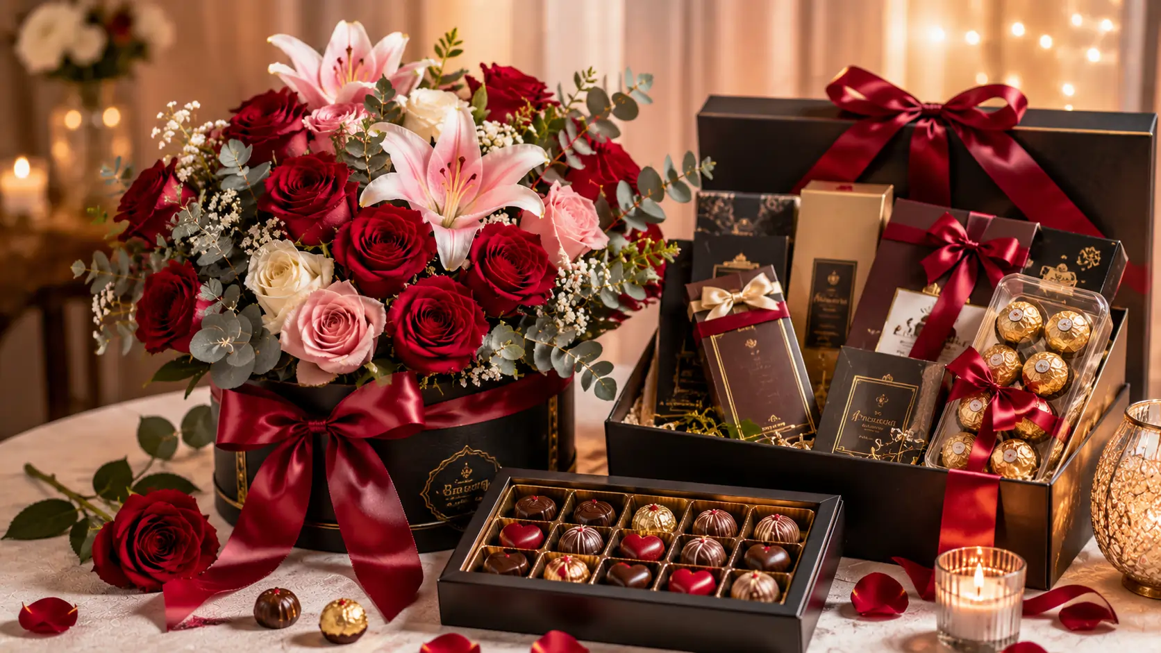 Premium luxury gift hamper featuring elegant red and pink flower arrangements, assorted gourmet chocolates, decorative gift boxes, candles, and sophisticated packaging, ideal for luxury flower and chocolate gift delivery in Pakistan.