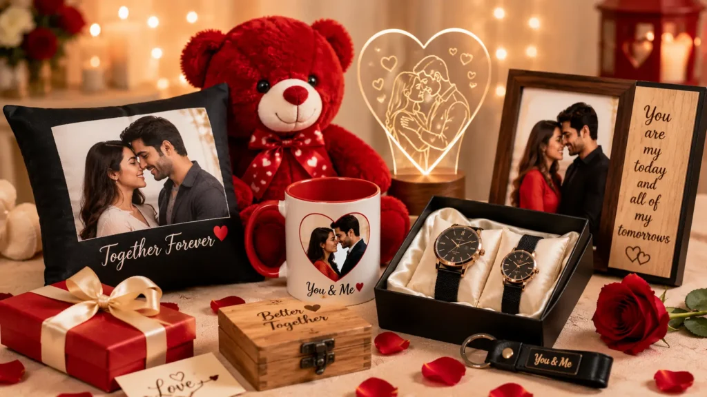 Romantic personalized couple gift collection featuring custom photo cushions, printed mugs, matching watches, engraved keepsakes, teddy bear, and decorative gift items arranged in an elegant setting, ideal for online gifting in Pakistan.