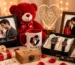 Romantic personalized couple gift collection featuring custom photo cushions, printed mugs, matching watches, engraved keepsakes, teddy bear, and decorative gift items arranged in an elegant setting, ideal for online gifting in Pakistan.
