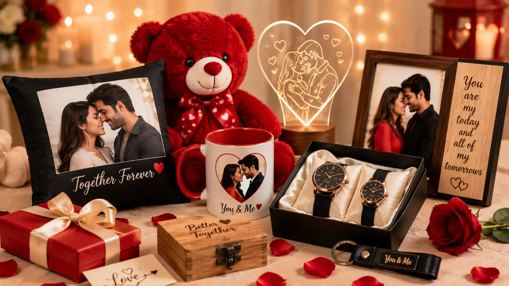 Romantic personalized couple gift collection featuring custom photo cushions, printed mugs, matching watches, engraved keepsakes, teddy bear, and decorative gift items arranged in an elegant setting, ideal for online gifting in Pakistan.