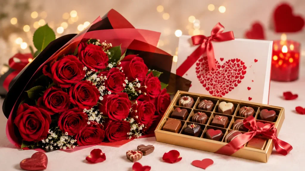 Luxury flower and chocolate gift combo featuring a bouquet of fresh red roses, assorted premium chocolates, decorative gift box, candlelight ambiance, and romantic accents, perfect for online delivery in Pakistan.