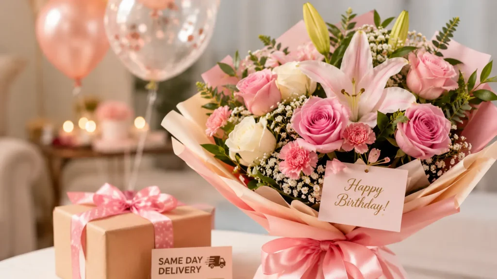 Beautiful birthday flower bouquet featuring pink roses, lilies, carnations, and elegant gift wrapping alongside a wrapped present, balloons, and festive decorations, representing same-day birthday surprise delivery services in Pakistan.