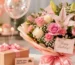 Beautiful birthday flower bouquet featuring pink roses, lilies, carnations, and elegant gift wrapping alongside a wrapped present, balloons, and festive decorations, representing same-day birthday surprise delivery services in Pakistan.