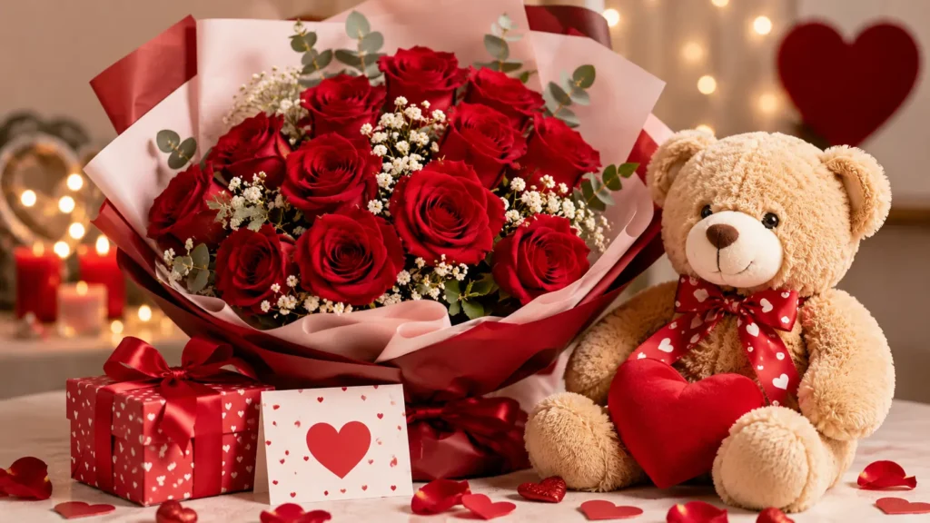 Cute teddy bear holding a heart-shaped cushion beside a luxurious bouquet of fresh red roses, gift box, greeting card, and romantic decorations, perfect for online gift delivery in Pakistan.